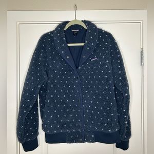 Patagonia Women’s Fleece Bomber Snap Front Jacket - Navy w Dots - Size Large